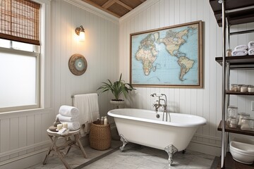 Oar Decor and Nautical Map: Seaside Cottage Bathroom Inspirations
