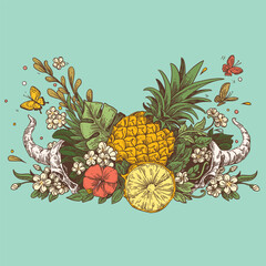 Sketch tattoo. Tropical fruits in a horned skull. Engraving style. Vector illustration.