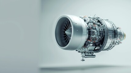 Cutaway view of aircraft turbofan engine on neutral background - obrazy, fototapety, plakaty