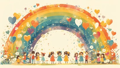 A rainbow with hearts and balloons, a tree in the middle of it drawn in the style of children with crayons, a family holding hands under the rainbow