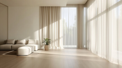 Fototapeta na wymiar Modern minimalist white living room with clean lines and natural light.