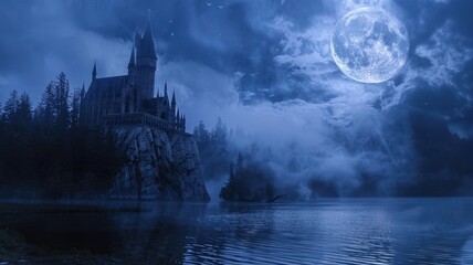 Mystical night scene with castle by lake under full moon - obrazy, fototapety, plakaty