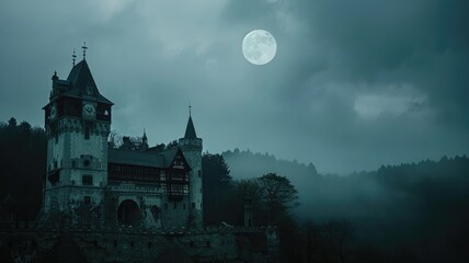 Obraz premium Moonlit castle on misty night with mysterious atmosphere