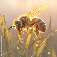 Detailed Bee Image: A close-up photograph of a honeybee on a blade of grass with dew droplets. The bee is fanning its wings, revealing the intricate details and delicate fur. - obrazy, fototapety, plakaty