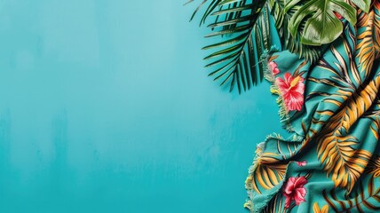 Tropical print fabric with floral and leaf patterns against turquoise background - obrazy, fototapety, plakaty