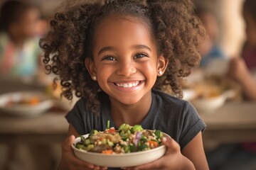 A smiling black girl holding her lunch tray at the school cafeteria, showcasing healthy food options like vegetables and fruit.  - obrazy, fototapety, plakaty