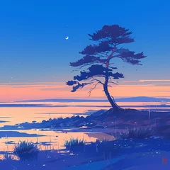 Poster Tranquil Shoreline Setting Featuring a Windblown Pine Tree at Dusk © RobertGabriel