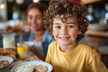 Naklejka premium Cheerful curly-haired boy enjoying breakfast, with a sister and family in the background