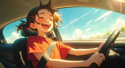 A young girl is driving her car wearing an orange shirt and black safety belt, smiling happily at something outside the window.  - obrazy, fototapety, plakaty