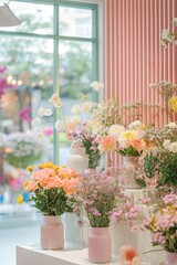 A modern florist shop presents a delicate arrangement of pastel flowers, creating a soft, inviting atmosphere with a touch of spring freshness..