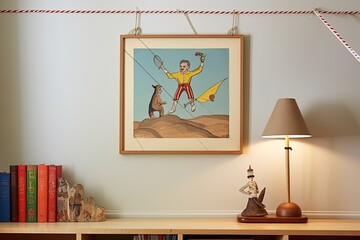 Vintage Circus Themed Kids' Room Inspirations: Tightrope Walker Illustration Framed Art Showcase - obrazy, fototapety, plakaty