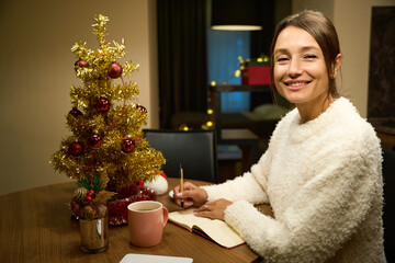 Woman looking at camera during writing her wishes in notebook during Christmas