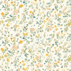 A pattern of small pastel flowers in muted colors, such as peach and mint green, arranged on an offwhite background with delicate leaves