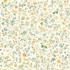 A pattern of small pastel flowers in muted colors, such as peach and mint green, arranged on an offwhite background with delicate leaves