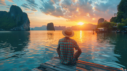 A backside relaxing backpacker man sitting on wooden bridge at Panyee island, Phan Nga, Thailand.  