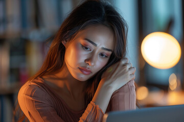 Woman Working Late at Home Office