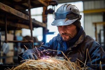 Concentrated welder in safety wear skillfully fuses metal pieces together with sparks flying in the workshop