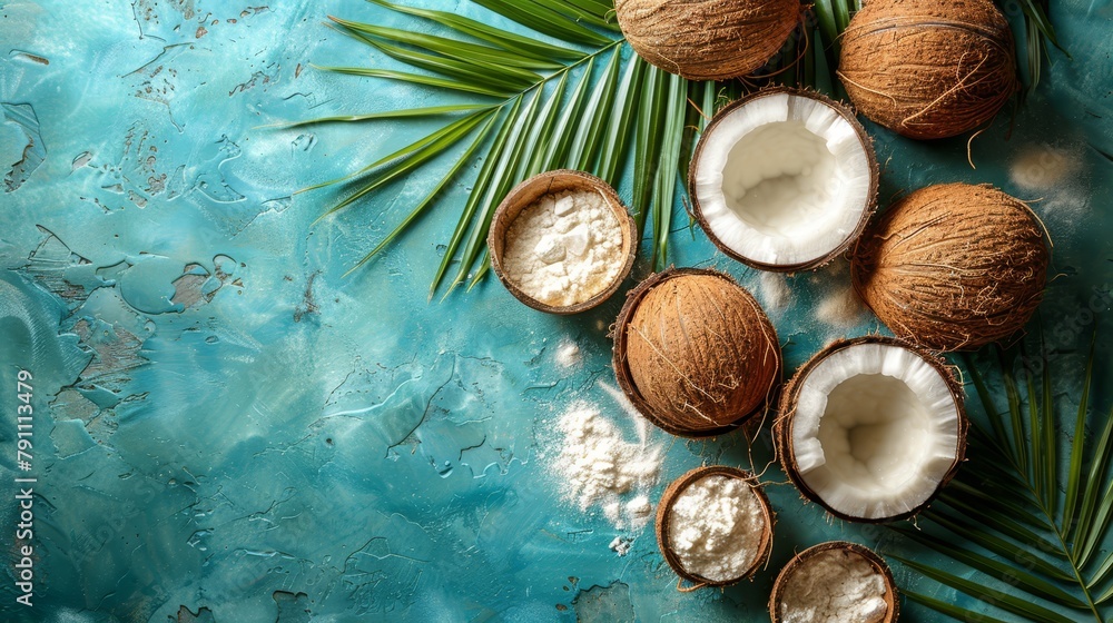 Poster a table holds a cluster of coconuts above green palm leaves against a blue backdrop