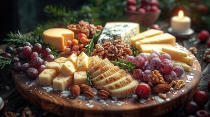 Fototapeta na wymiar Artisanal cheese platter with a variety of cheeses, fruits, and nuts, arranged beautifully on a rustic wooden board