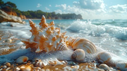 Artistic composition of seashells and driftwood on a sandy beach - obrazy, fototapety, plakaty