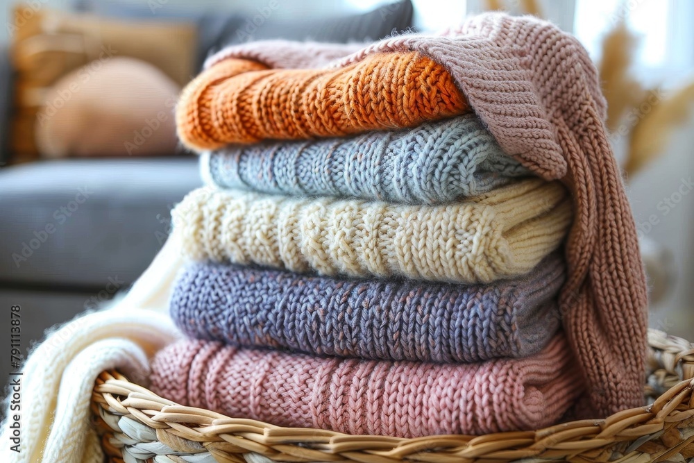 Poster A beautifully arranged assortment of knitted sweaters and throws in a cozy home setting with a focus on texture and warmth