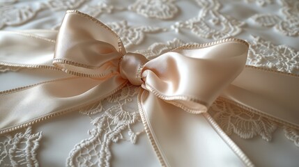 Delicate lace ribbon tied in a bow on a gift box