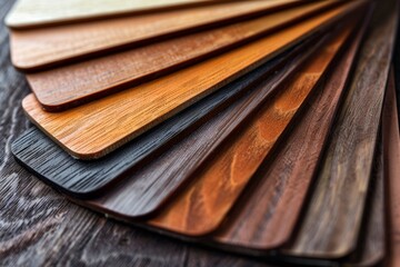 Close-up view of assorted wooden flooring samples ranging from light to dark, showcasing texture and color options for interior design.. - obrazy, fototapety, plakaty
