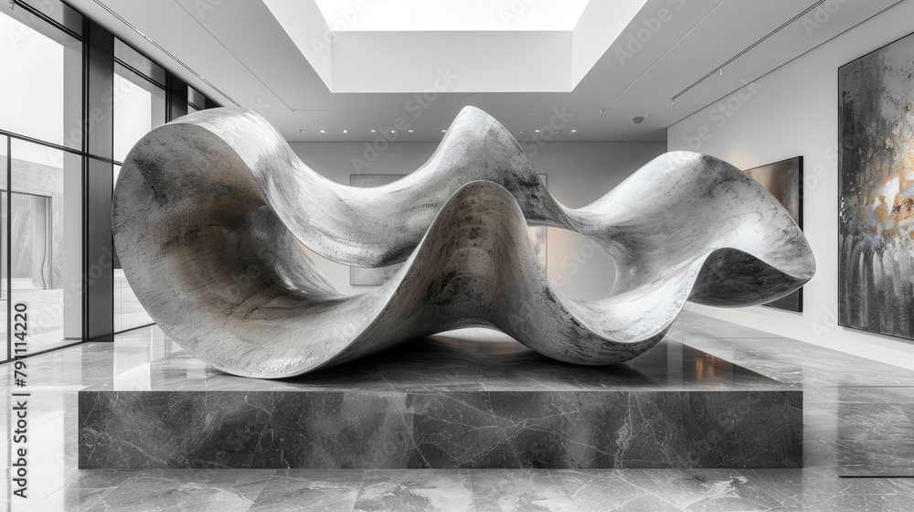 Poster striking abstract sculpture on display in a contemporary art gallery, creating a sense of intrigue a