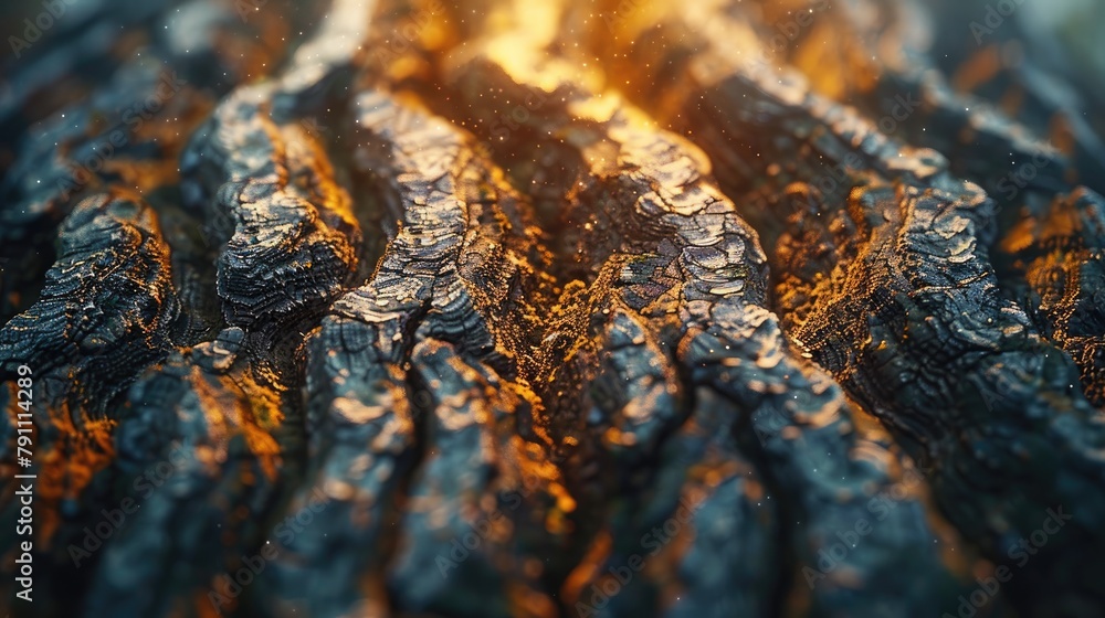 Poster a close-up view of a tree trunk with intricate patterns and textures, highlighting the beauty of nat
