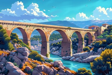 An AI-generated illustration of Pont du Gard nestled among natural rocky landscapes, under a calm blue sky. AI Generated. - obrazy, fototapety, plakaty