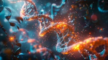 Stunning 3D Render Reveals Illuminated Double Helix Surrounded by Particles. Fractured DNA Visualization