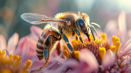 A close-up of a bee collecting pollen from a flower - obrazy, fototapety, plakaty
