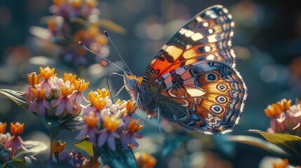 A close-up of a colorful butterfly resting on a flower