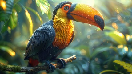 Naklejka premium A colorful toucan perched on a branch in a tropical rainforest
