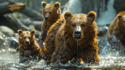 A family of bears fishing for salmon in a rushing river - obrazy, fototapety, plakaty