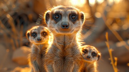 A family of meerkats standing guard in the African savannah - obrazy, fototapety, plakaty