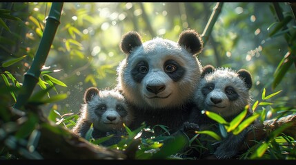 A family of pandas climbing and playing in a bamboo forest
