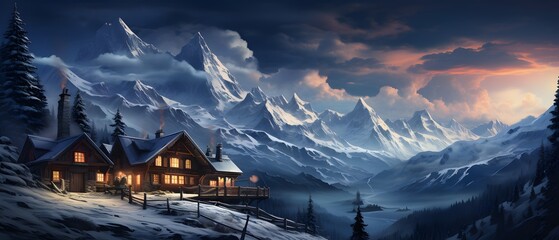 Panorama of alpine village in the mountains at sunset with beautiful sky