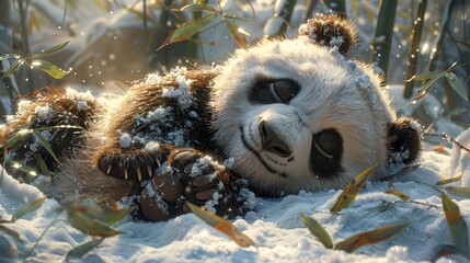 Obraz premium A family of pandas playfully rolling in the snow in a bamboo forest