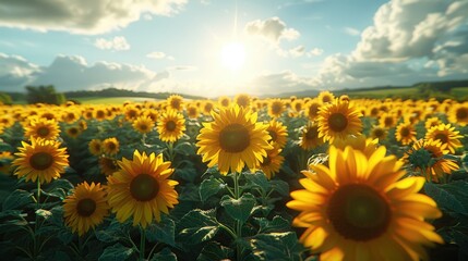 A field of sunflowers stretching towards the sun on a bright summer day