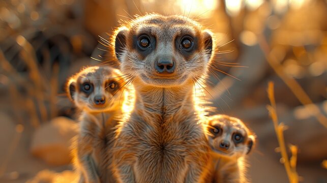 A family of meerkats standing guard in the African savannah