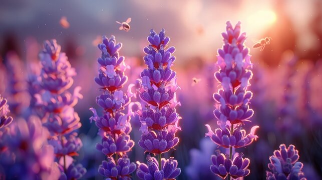 A field of blooming lavender with bees buzzing around