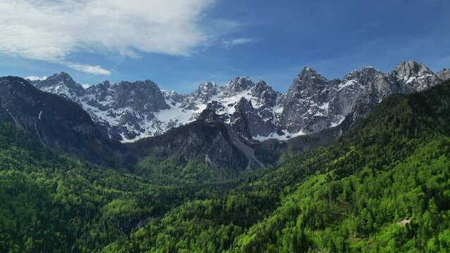 Aerial view of and breathtaking peaks of Triglav mountain. Julian Alps, Triglav National Park, Slovenia, 4k
