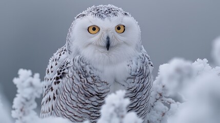 A snowy owl perched on a branch covered in fresh snow