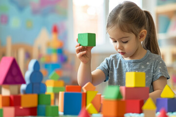 Little girl concentrates on playing with wooden blocks in kindergarten or Montessori early education school. Kid building tower from colorful wooden blocks while sitting at table