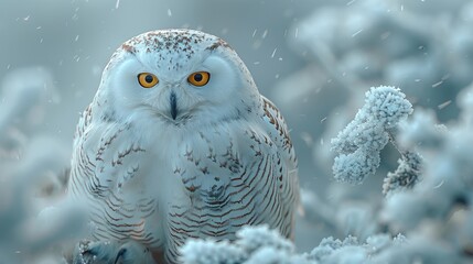 A snowy owl perched on a snowy branch in a winter wonderland