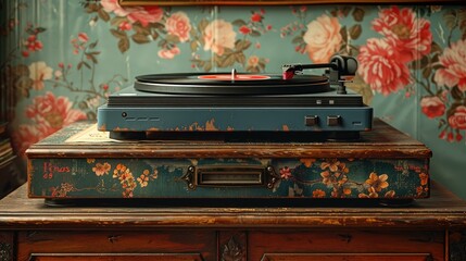A stack of trendy vinyl records with colorful album covers, placed on a retro record player against a backdrop of vintage wallpaper