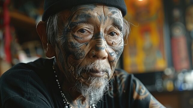 A traditional Kalinga tattoo artist in the Philippines creating designs with traditional methods, 4k, ultra hd