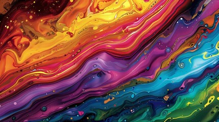 Fluid acrylic pours in rainbow colors, creating organic, mesmerizing patterns 