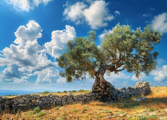Old olive tree in the Mediterranean countryside, with blue sky and stone walls